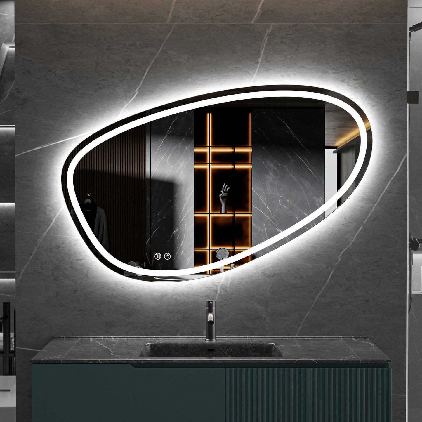 Espejo asimétrico con iluminación LED empotrada y anticondensación de 120 cm de ancho y 75 cm de alto