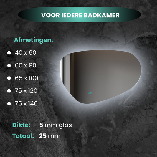 Espejo asimétrico orgánico con iluminación LED y anticondensación de 60 cm de ancho y 40 cm de alto