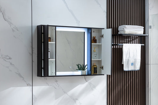 Armario con espejo negro mate con iluminación LED 120 (ancho) x 70 cm (alto)