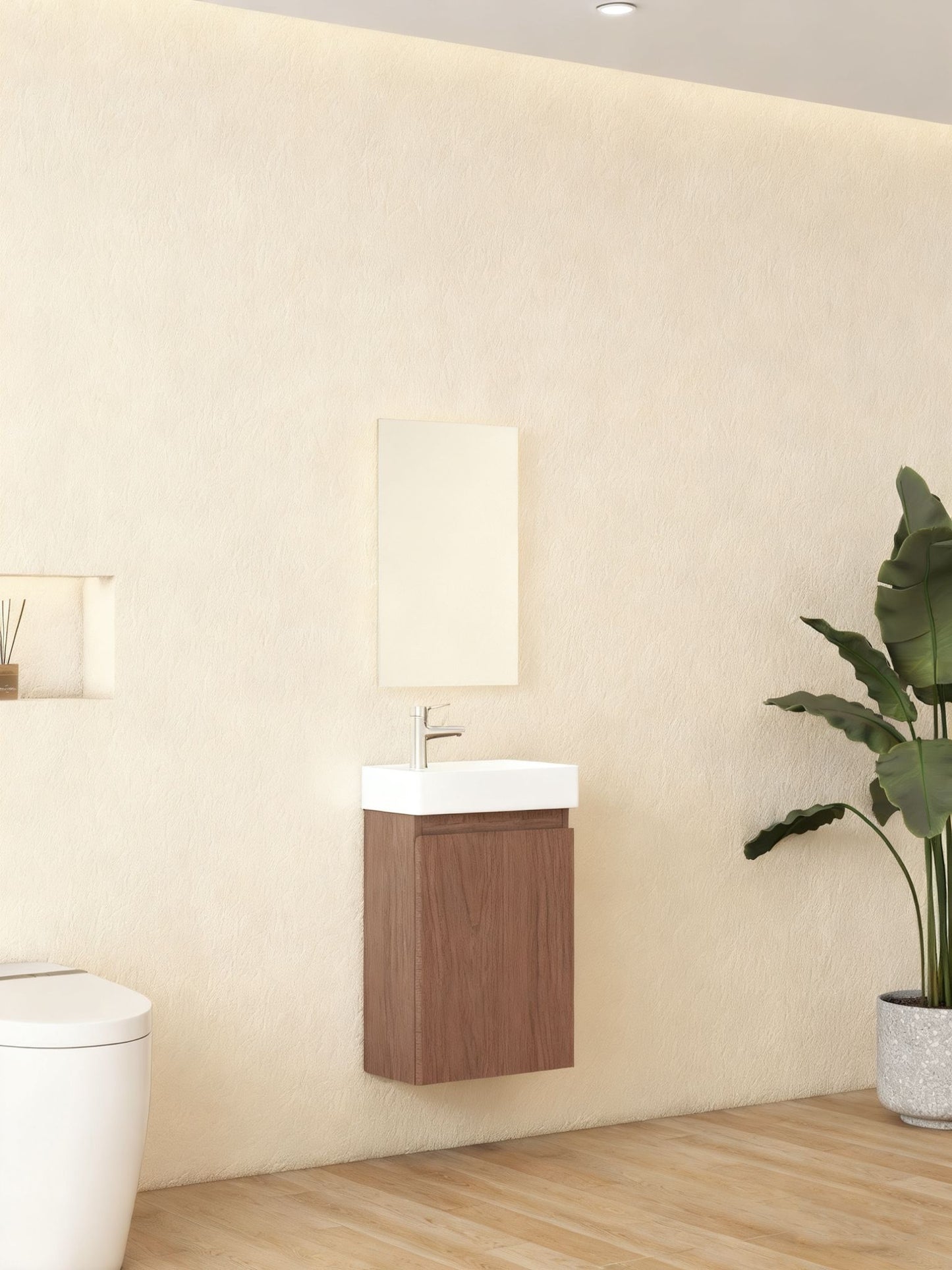 Mueble de baño Nurion Finn: lavabo blanco brillante y armario de madera oscura, 41 x 22,5 x 65 cm.