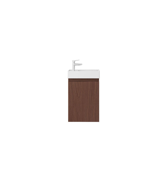 Mueble de baño Nurion Finn: lavabo blanco brillante y armario de madera oscura, 41 x 22,5 x 65 cm.