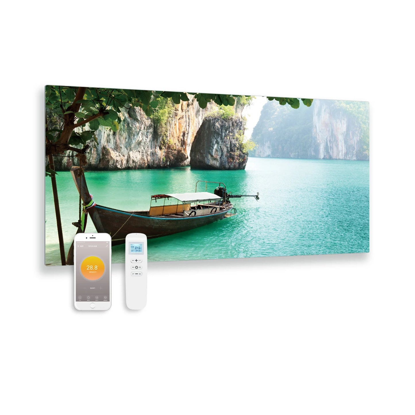 Panel infrarrojo de vidrio impreso con wifi y control remoto Boot 119x59 700Watt