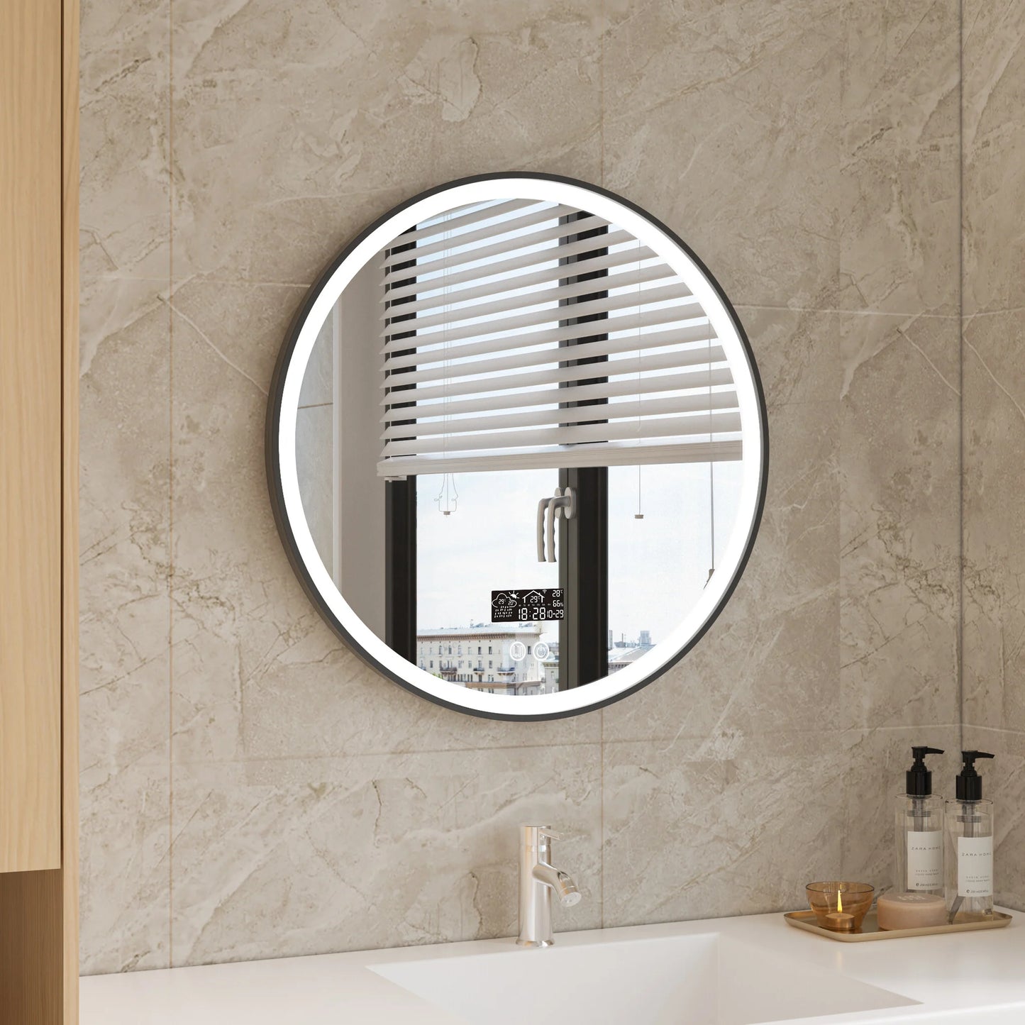 Espejo redondo de 60 cm marco negro con iluminación LED, anti-vaho y Wi-Fi