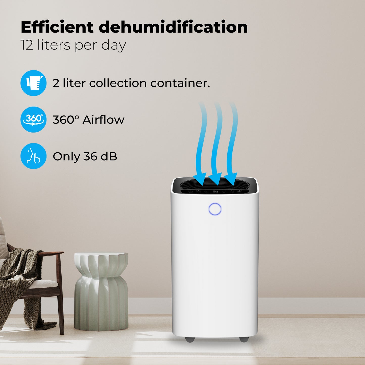 Deshumidificador compacto de 12 litros Wifi con filtro de carbono