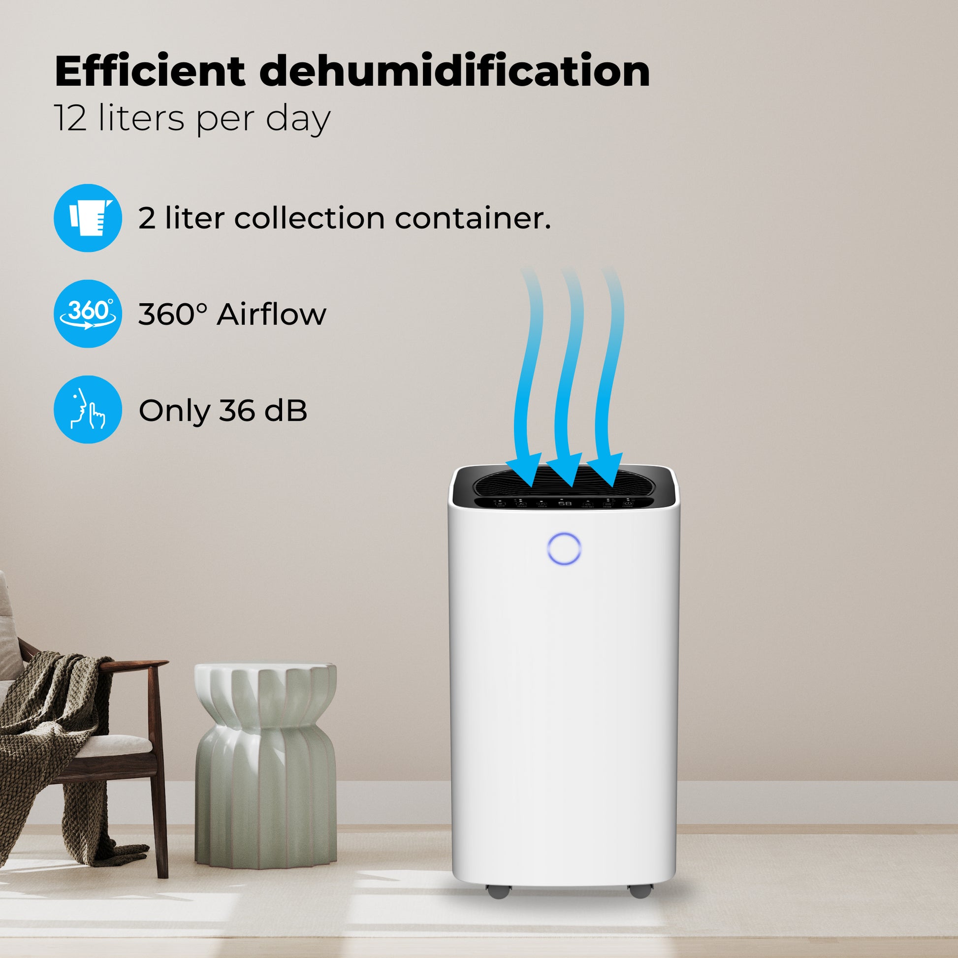 Deshumidificador compacto de 12 litros Wifi con filtro de carbono