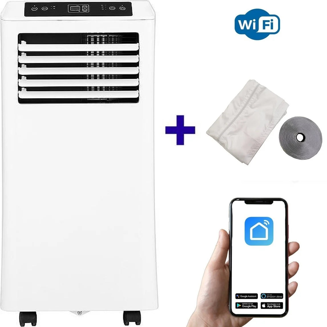 Mobiele airco Wifi ontvochtigen en ventileren met raamafdichting en luchtreiniger 7000btu