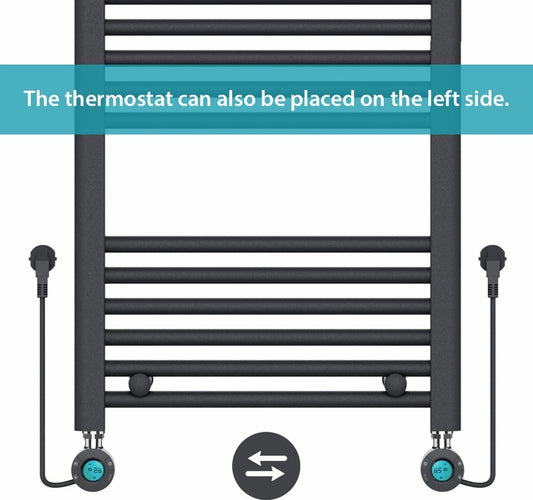 Radiador Eléctrico para Toallas con Termostato Digital - Radiador de Baño - 1200 × 500 mm - Negro Mate - 500 Watt