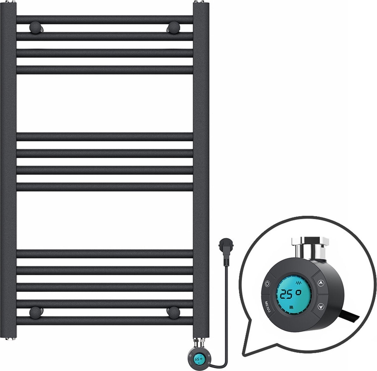 Handdoekradiator Elektrisch met Digitale Thermostaat - Radiator Badkamer - 800 × 500 mm - Mat zwart - 300 Watt