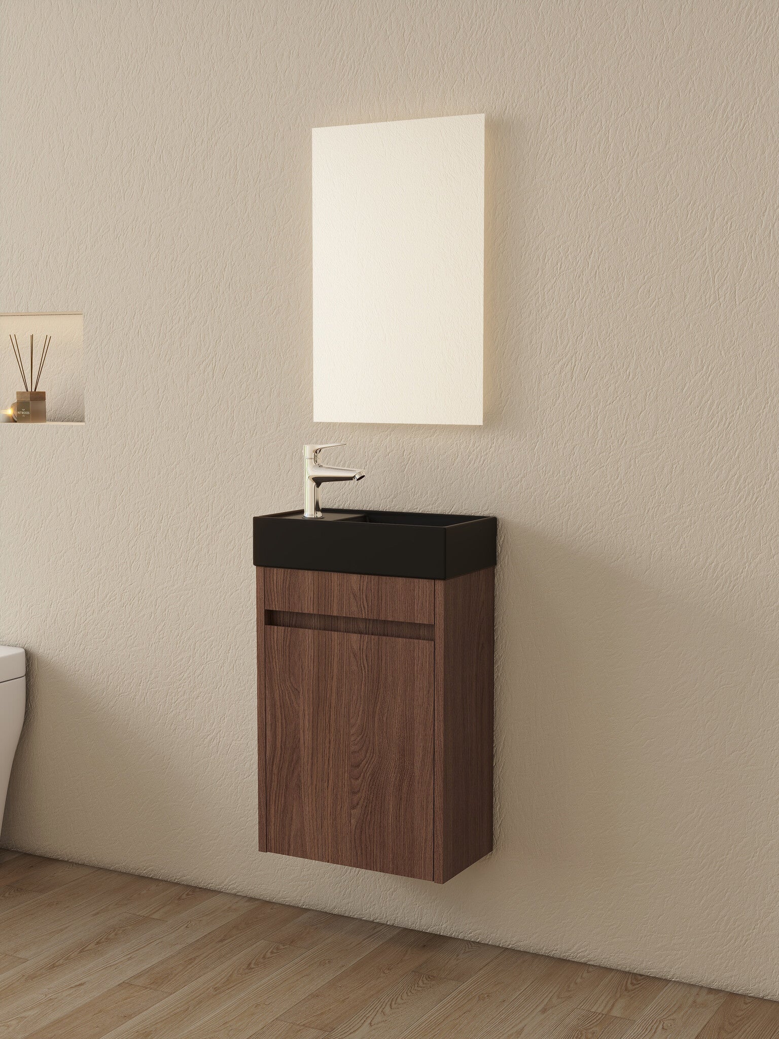 Mueble de baño Nurion Emma - lavabo negro mate y armario de nogal - 41 x 22,5 x 65 cm