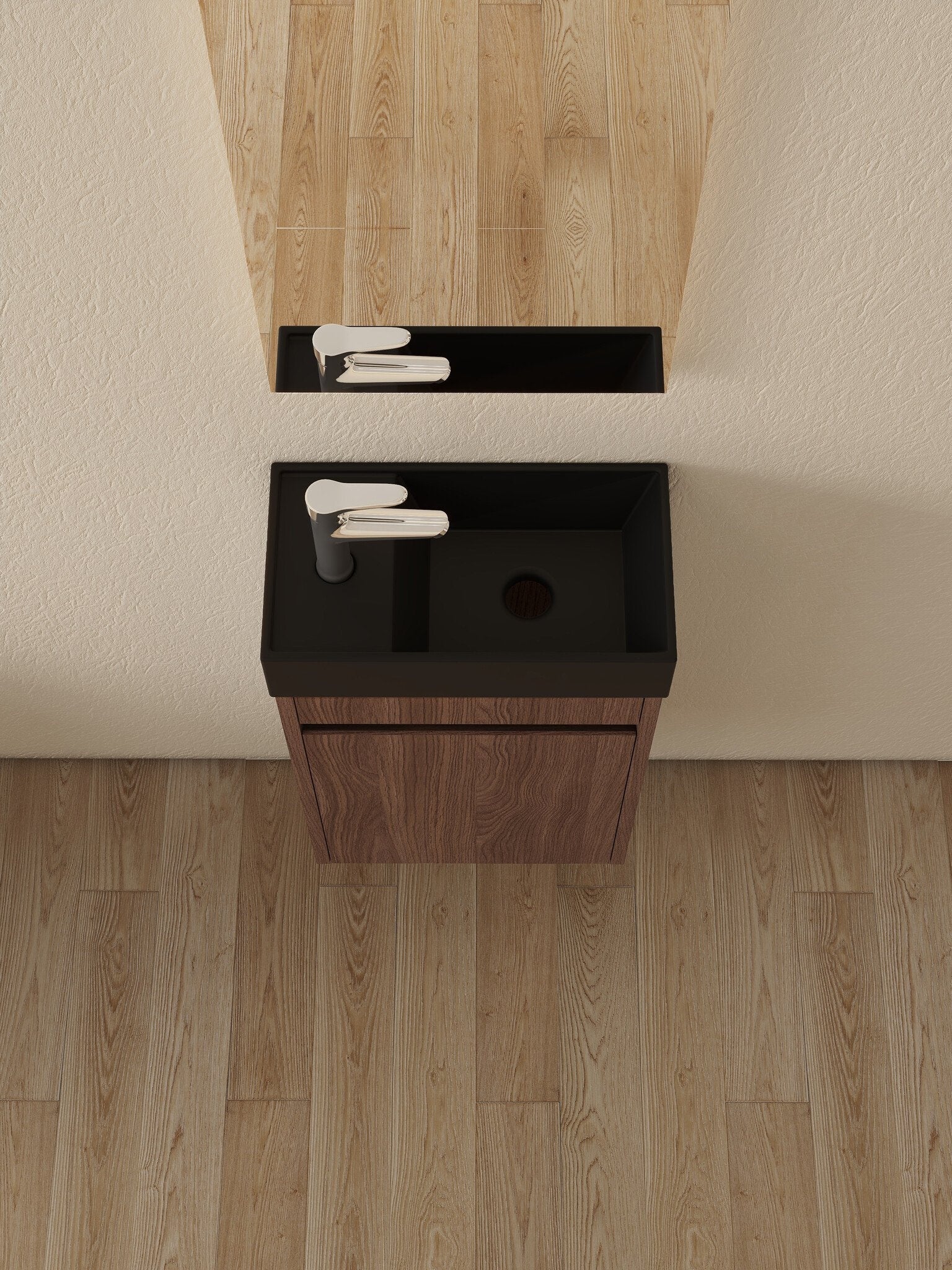 Mueble de baño Nurion Emma - lavabo negro mate y armario de nogal - 41 x 22,5 x 65 cm