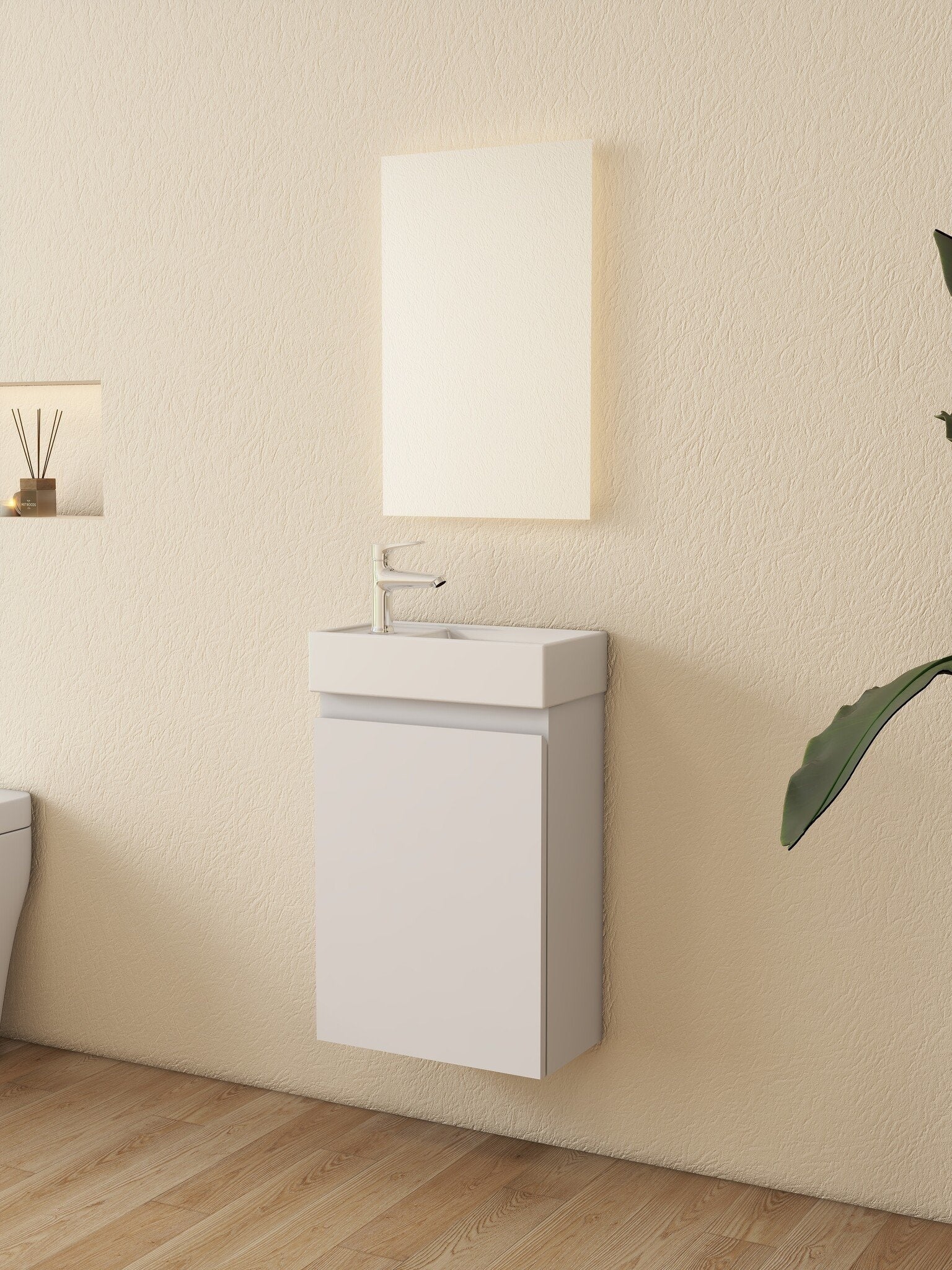 Mueble de baño Nurion Lotte - lavabo blanco brillante y armario de madera blanca - 41 x 22,5 x 65 cm