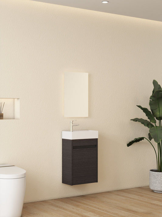 Mueble de baño Nurion Luca - lavabo blanco brillante y armario de madera negro - 41 x 22,5 x 65 cm