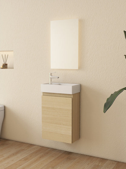Mueble de baño Nurion Mees: lavabo blanco brillante y armario de madera clara, 41 x 22,5 x 65 cm.