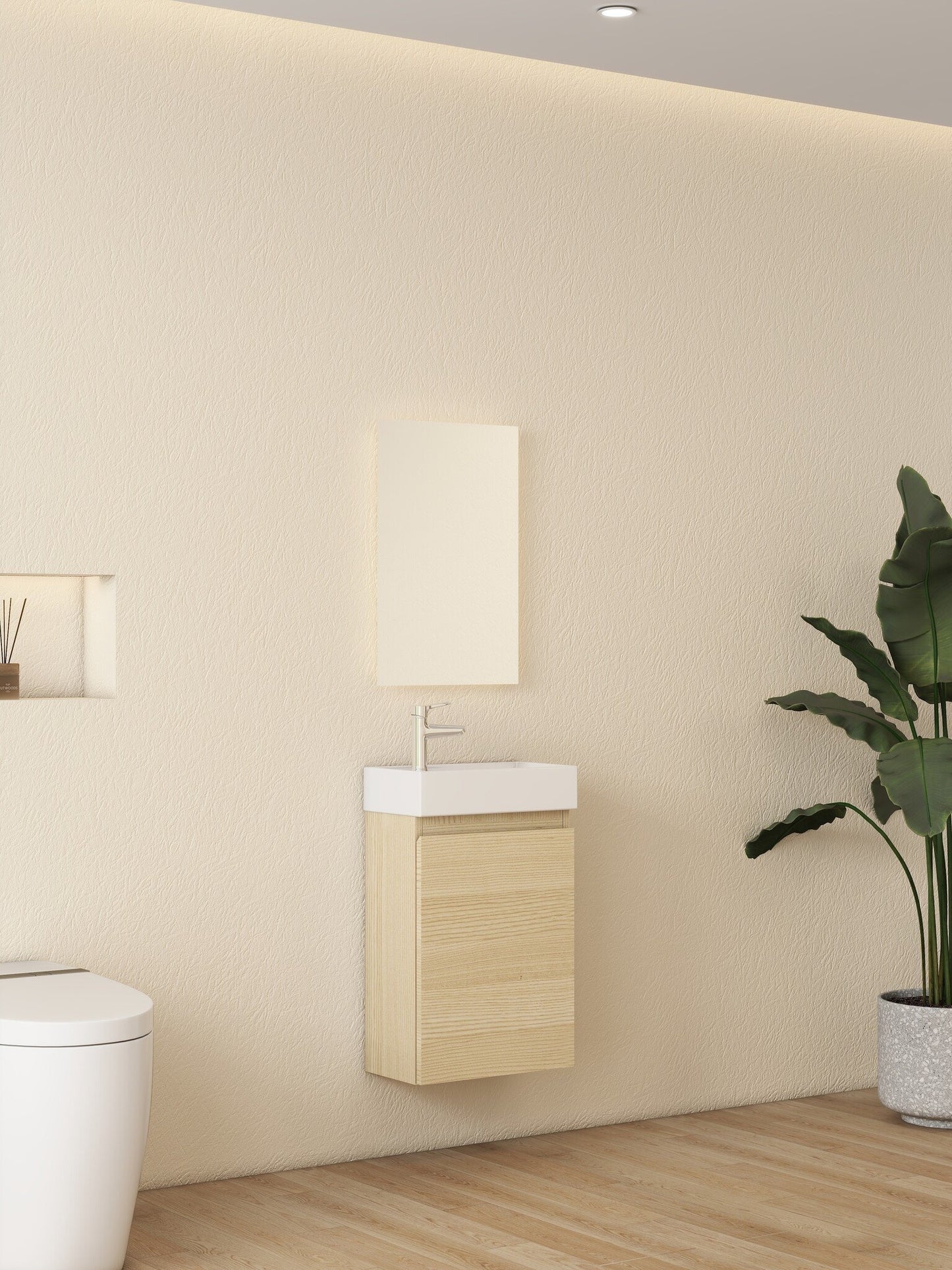 Mueble de baño Nurion Mees: lavabo blanco brillante y armario de madera clara, 41 x 22,5 x 65 cm.