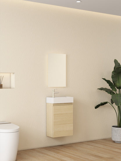 Mueble de baño Nurion Mees: lavabo blanco brillante y armario de madera clara, 41 x 22,5 x 65 cm.