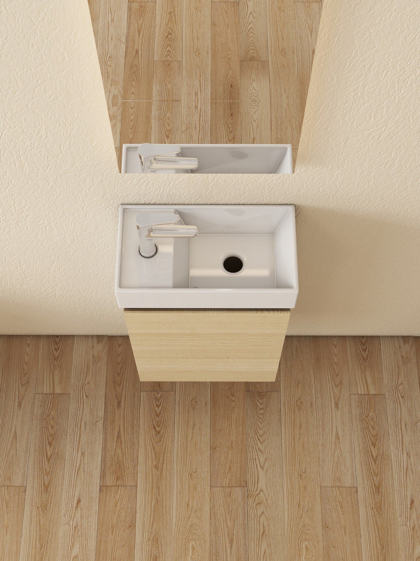 Mueble de baño Nurion Mees: lavabo blanco brillante y armario de madera clara, 41 x 22,5 x 65 cm.
