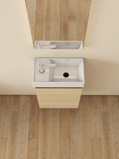 Mueble de baño Nurion Mees: lavabo blanco brillante y armario de madera clara, 41 x 22,5 x 65 cm.