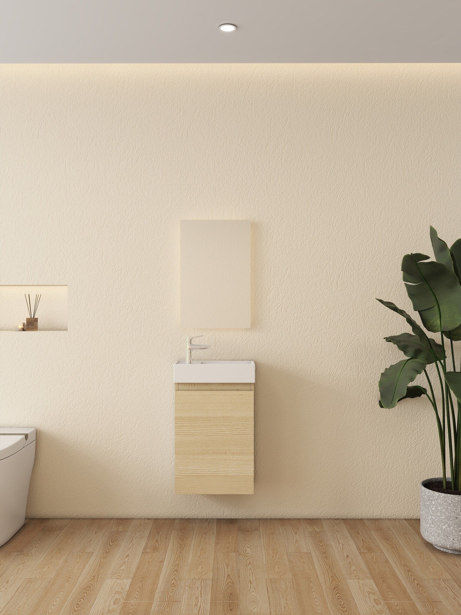 Mueble de baño Nurion Mees: lavabo blanco brillante y armario de madera clara, 41 x 22,5 x 65 cm.