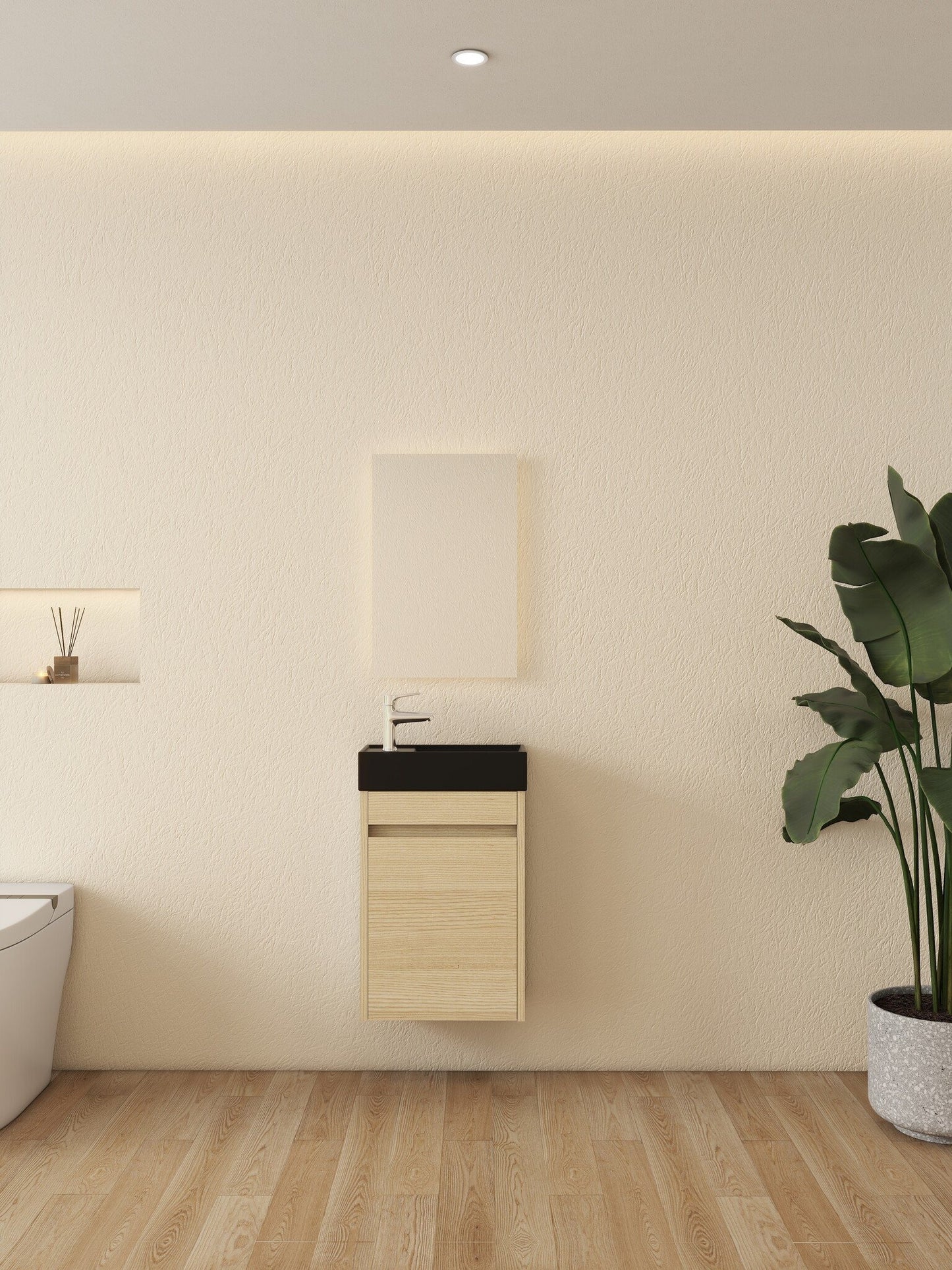 Mueble de baño Nurion Sam - lavabo negro mate y armario de madera clara - 41 x 22,5 x 65 cm