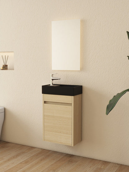 Mueble de baño Nurion Sam - lavabo negro mate y armario de madera clara - 41 x 22,5 x 65 cm