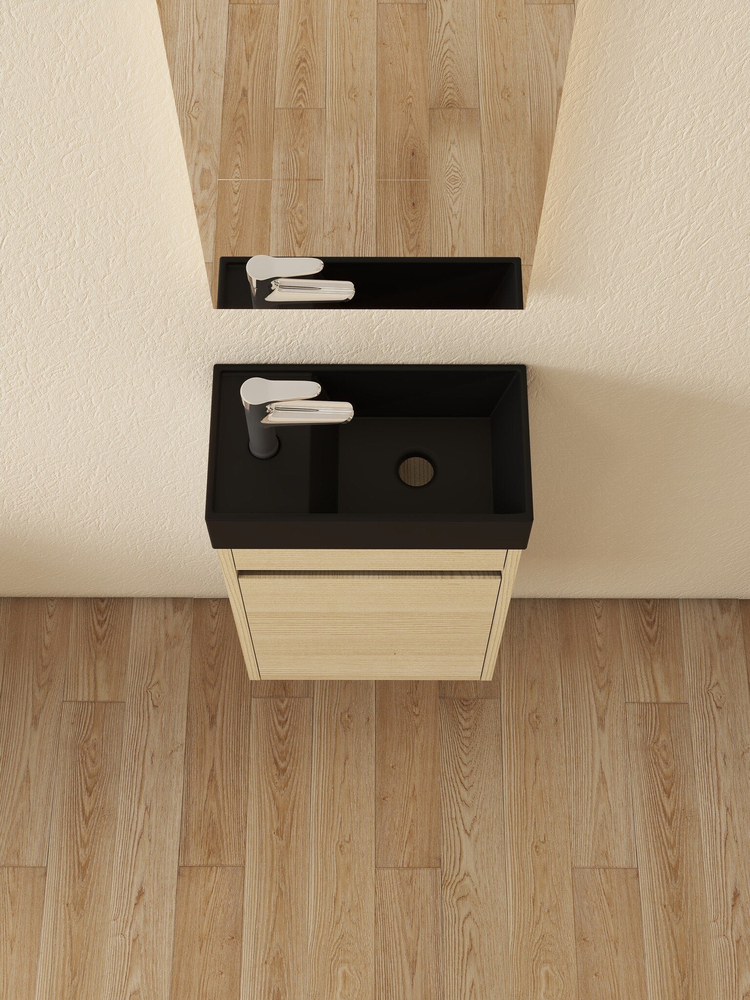 Mueble de baño Nurion Sam - lavabo negro mate y armario de madera clara - 41 x 22,5 x 65 cm