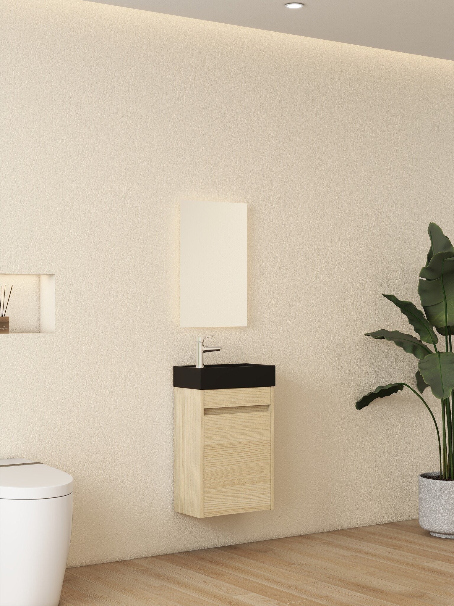 Mueble de baño Nurion Sam - lavabo negro mate y armario de madera clara - 41 x 22,5 x 65 cm