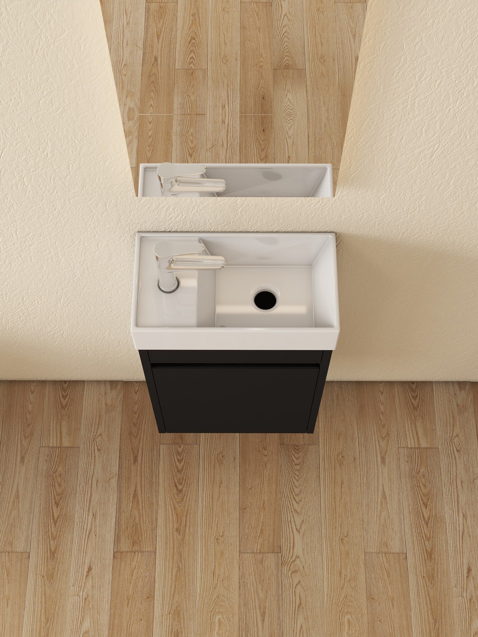 Mueble de baño Nurion Tess - lavabo blanco brillante y armario de madera negra - 41 x 22,5 x 65 cm