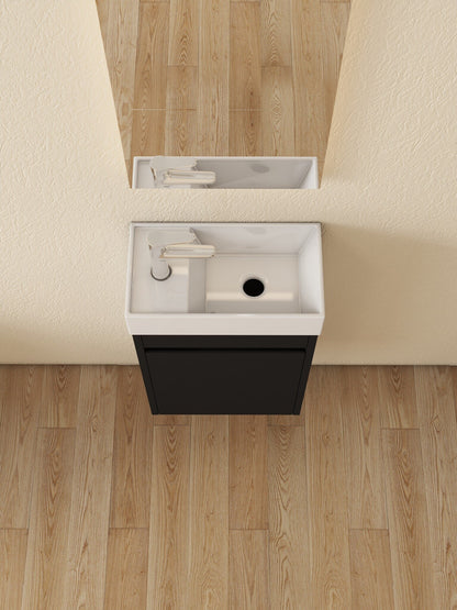 Mueble de baño Nurion Tess - lavabo blanco brillante y armario de madera negra - 41 x 22,5 x 65 cm