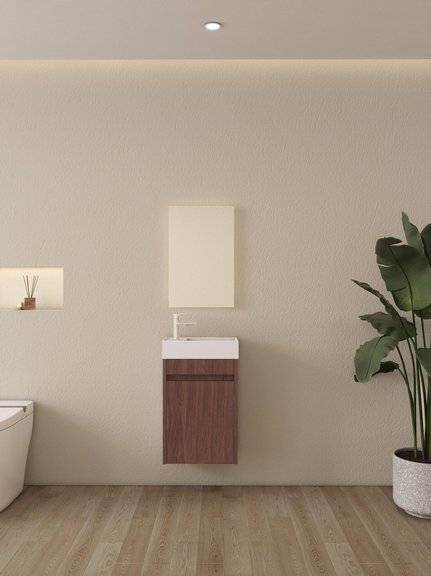 Mueble de baño Nurion Vince - lavabo blanco brillante y armario de madera oscura - 41 x 22,5 x 65 cm