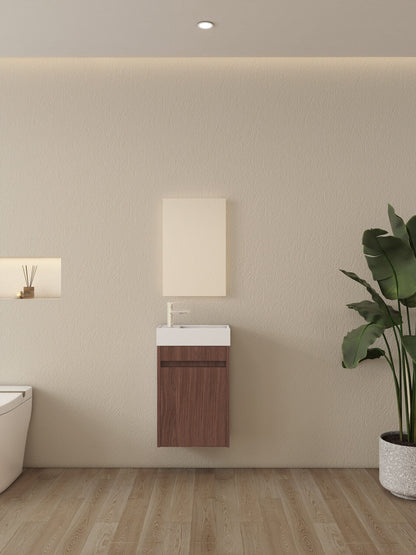 Mueble de baño Nurion Vince - lavabo blanco brillante y armario de madera oscura - 41 x 22,5 x 65 cm
