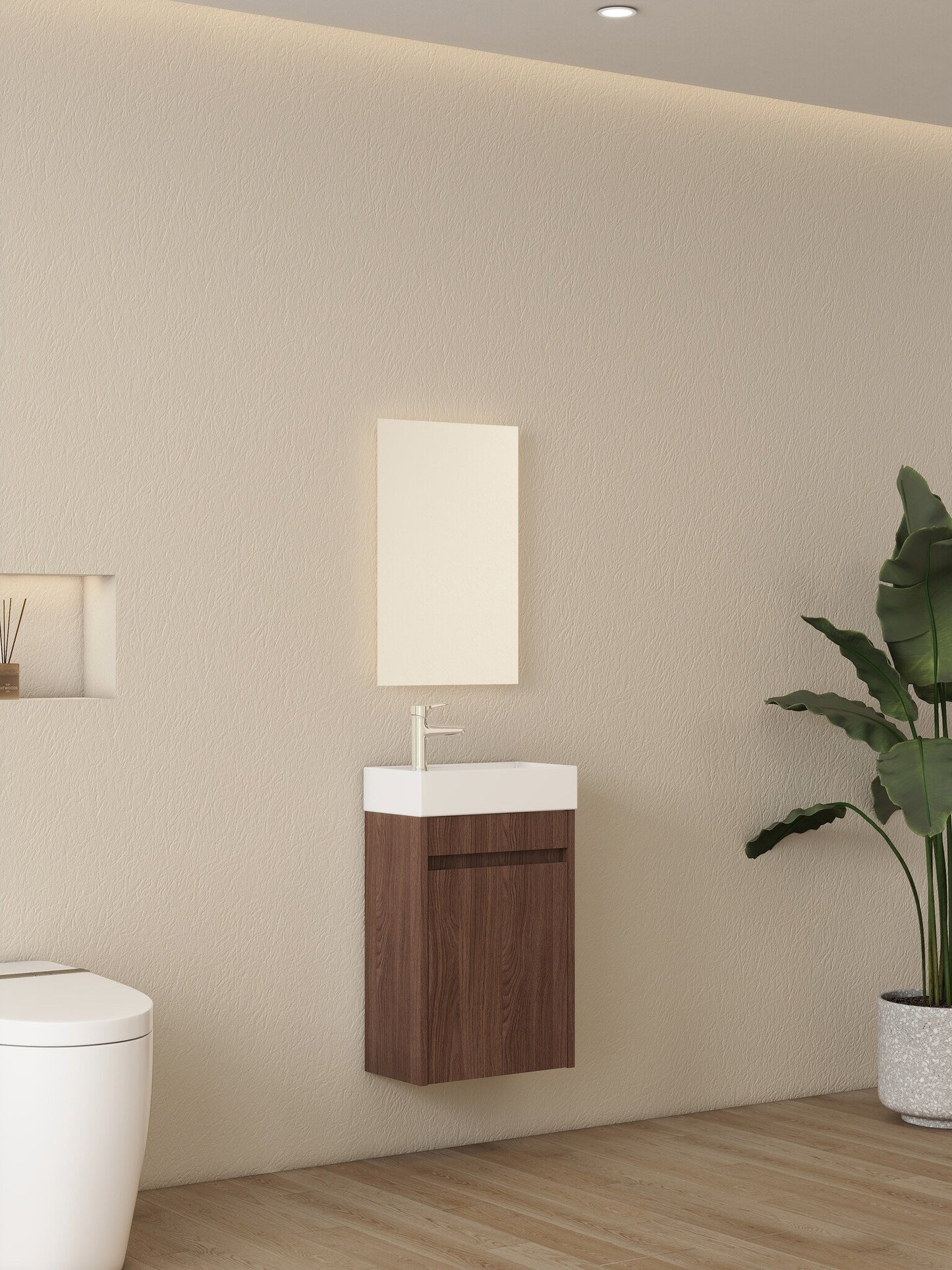 Mueble de baño Nurion Vince - lavabo blanco brillante y armario de madera oscura - 41 x 22,5 x 65 cm