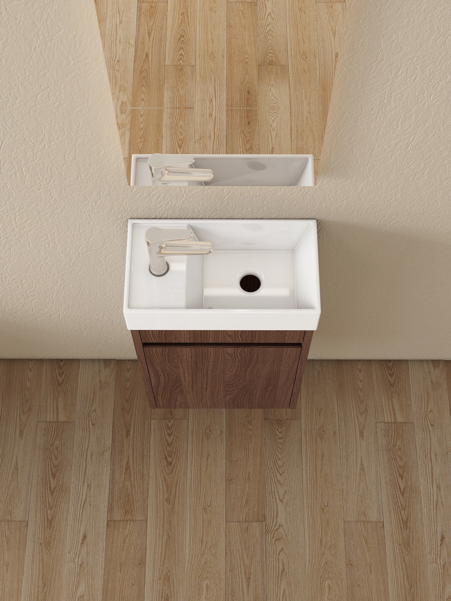 Mueble de baño Nurion Vince - lavabo blanco brillante y armario de madera oscura - 41 x 22,5 x 65 cm