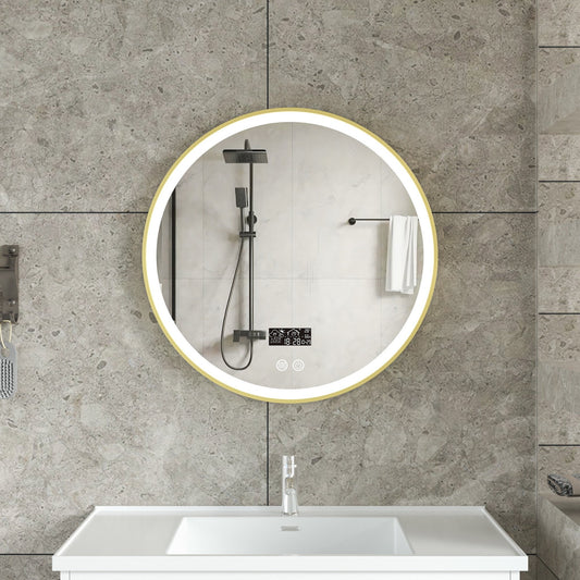 Espejo inteligente redondo 60cm marco dorado con iluminación LED, anti-condensación y wifi