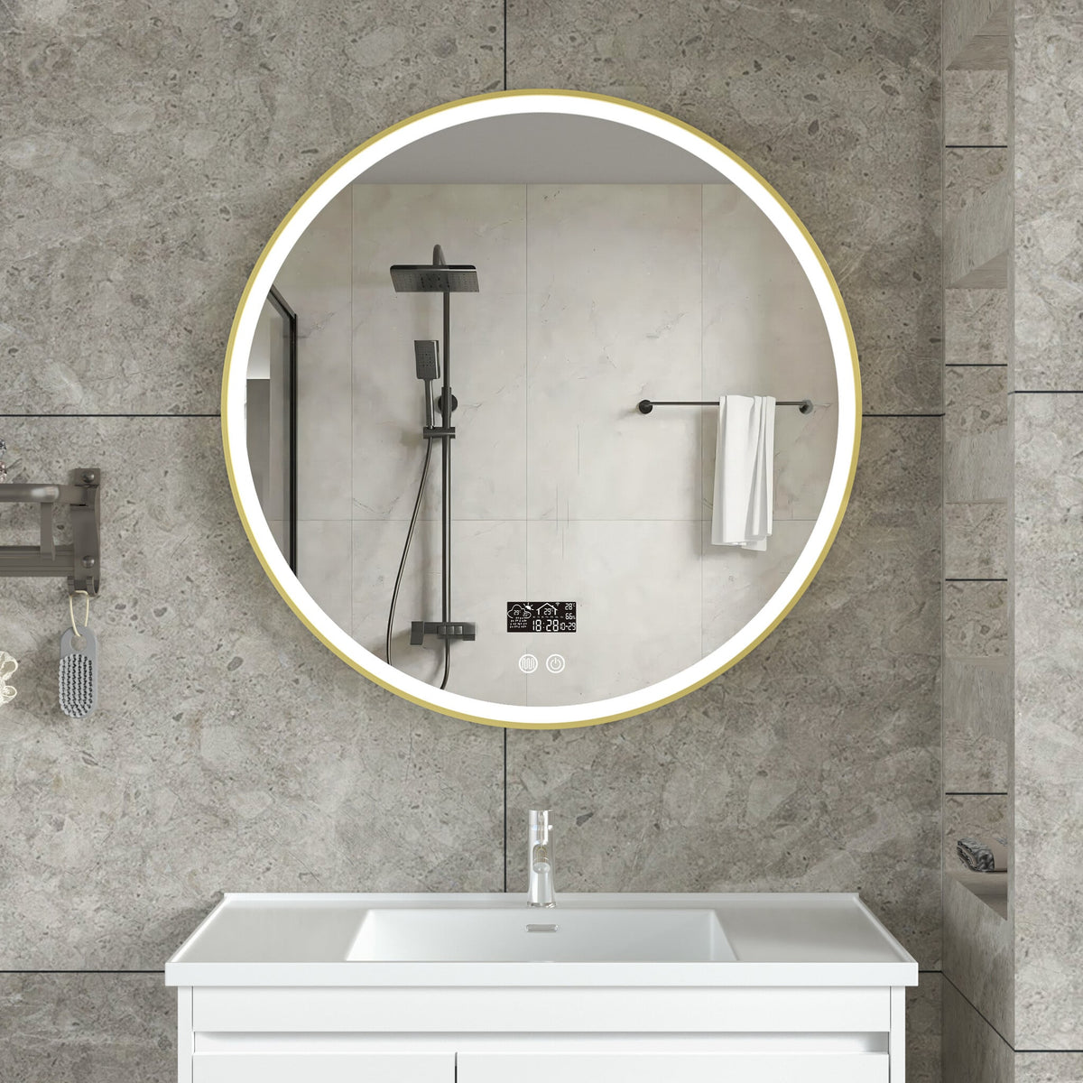 Espejo inteligente redondo 80 cm marco dorado con iluminación LED, anti-vaho y wifi