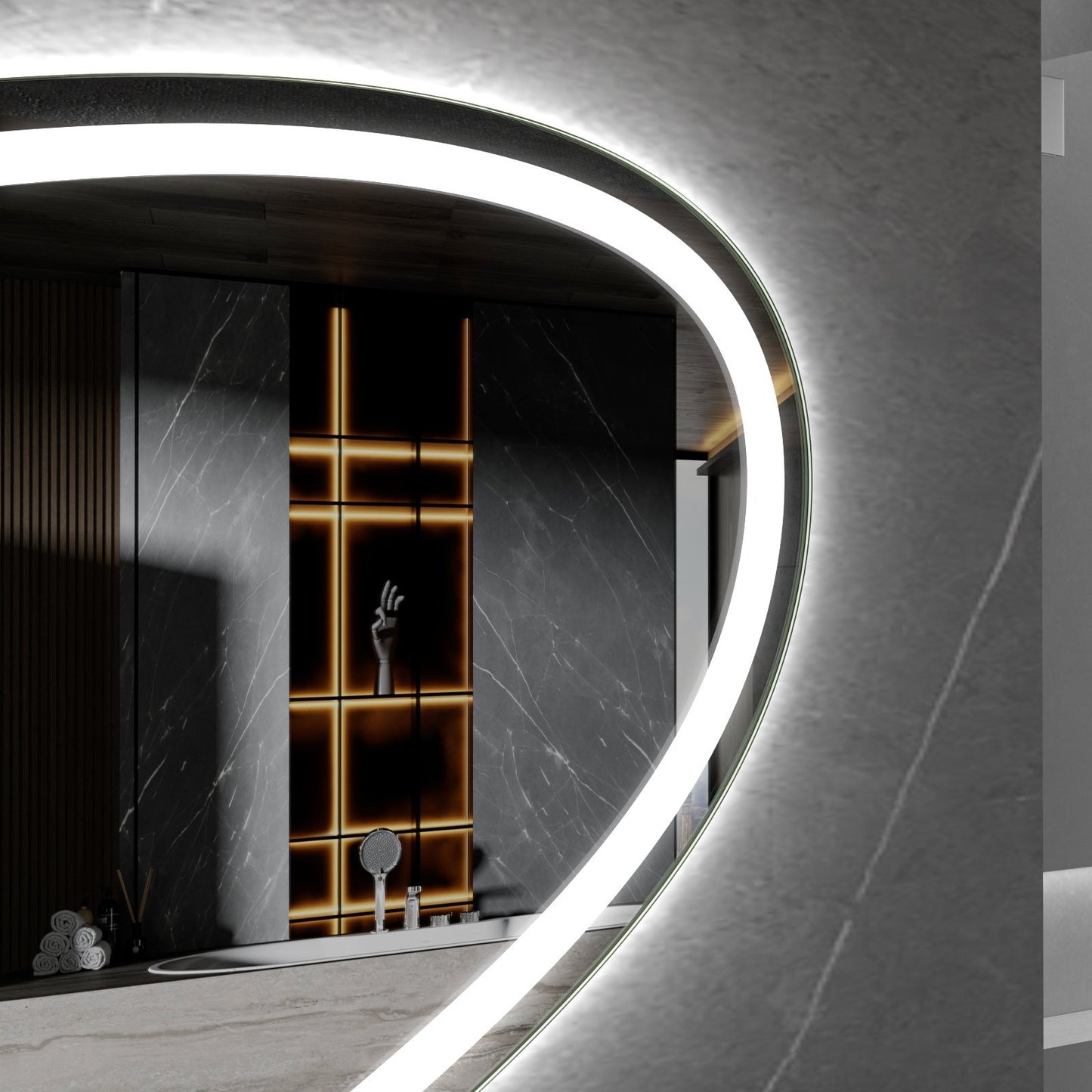 Espejo asimétrico con iluminación LED empotrada y anticondensación de 100 cm de ancho y 65 cm de alto