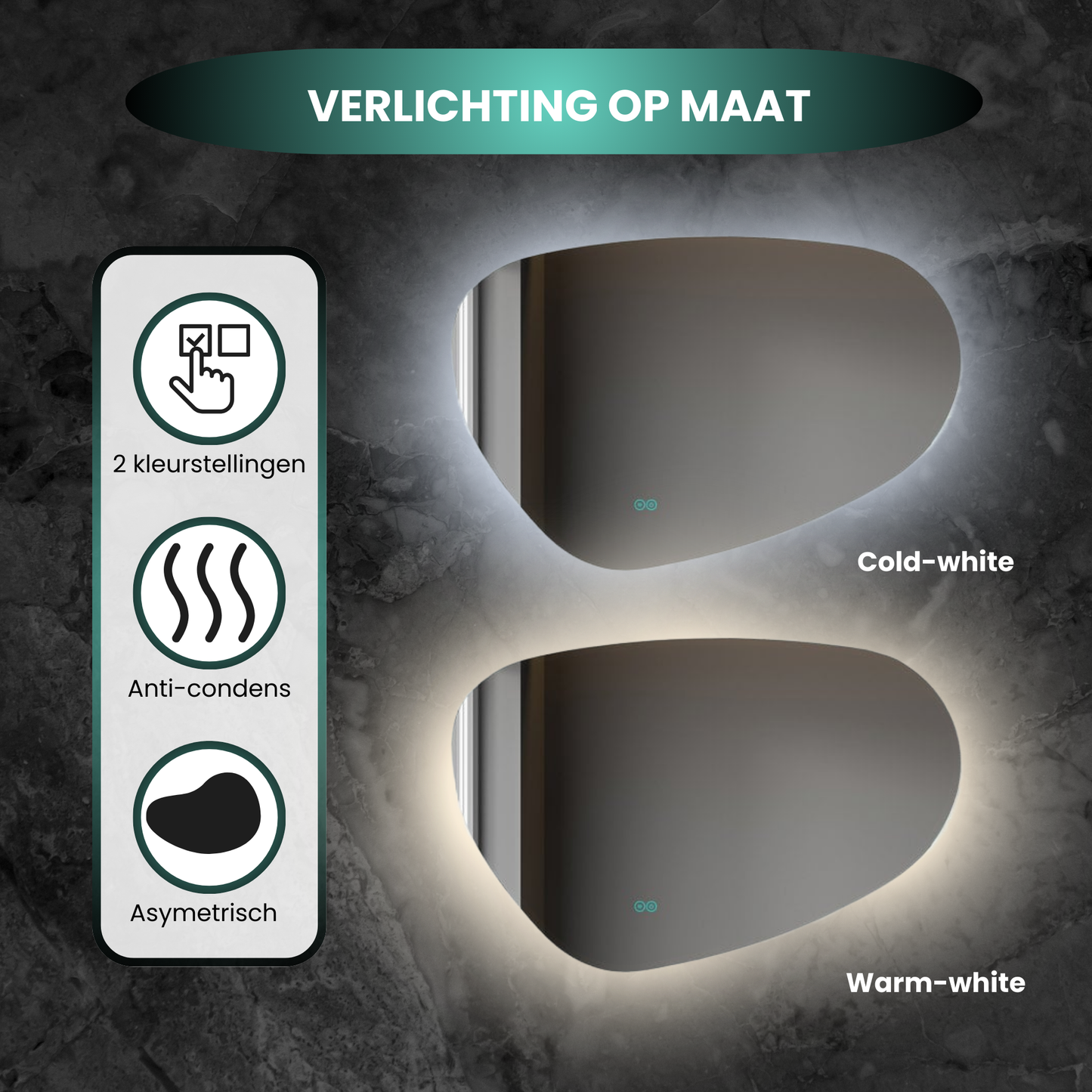 Espejo asimétrico orgánico con iluminación LED y anticondensación 120 cm de ancho y 75 cm de alto