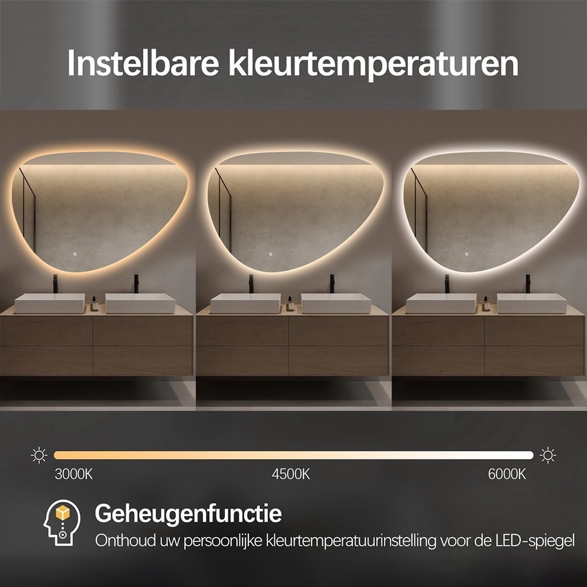 Espejo asimétrico orgánico con iluminación LED y anticondensación 120 cm de ancho y 75 cm de alto