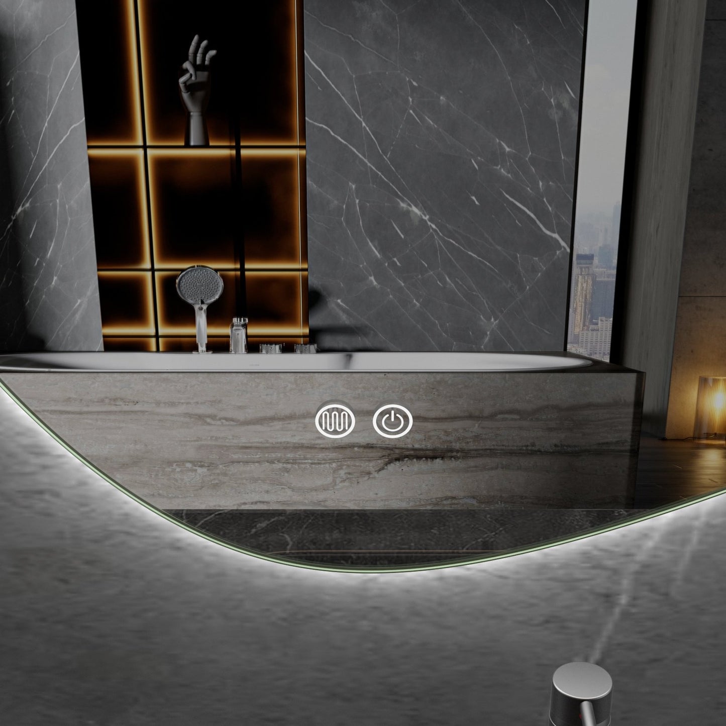 Spiegel asymmetrisch organische led verlichting en anti-condens 140 cm breed en 75 cm hoog