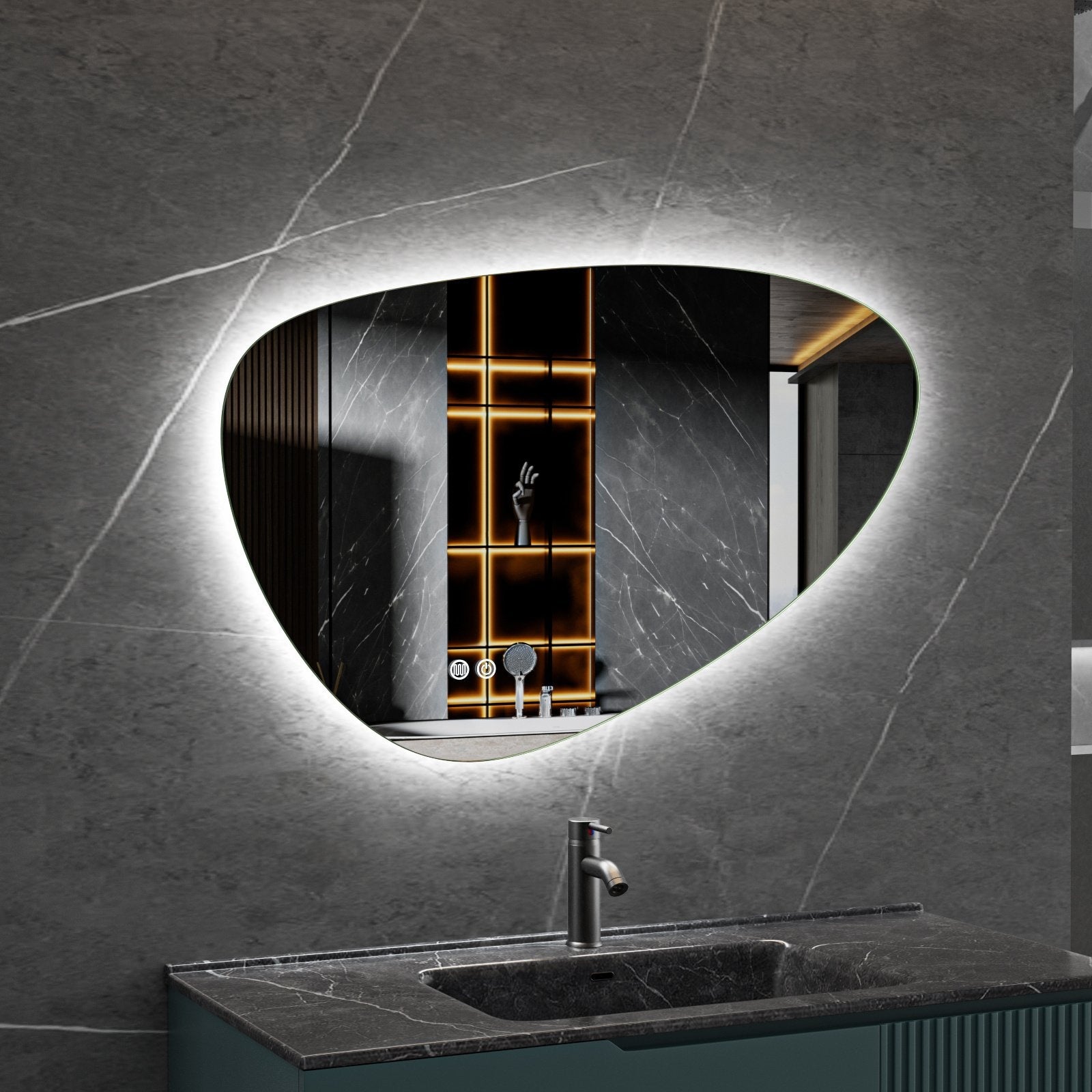 Spiegel asymmetrisch organische led verlichting en anti-condens 140 cm breed en 75 cm hoog