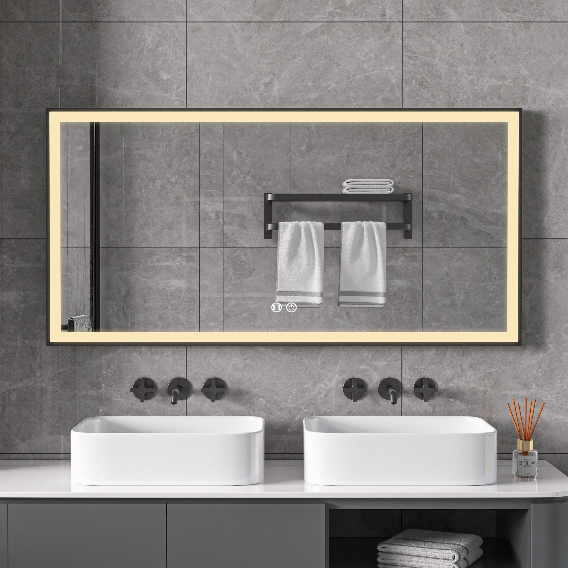 Espejo con marco negro, LED, antivaho 60 x 120 cm