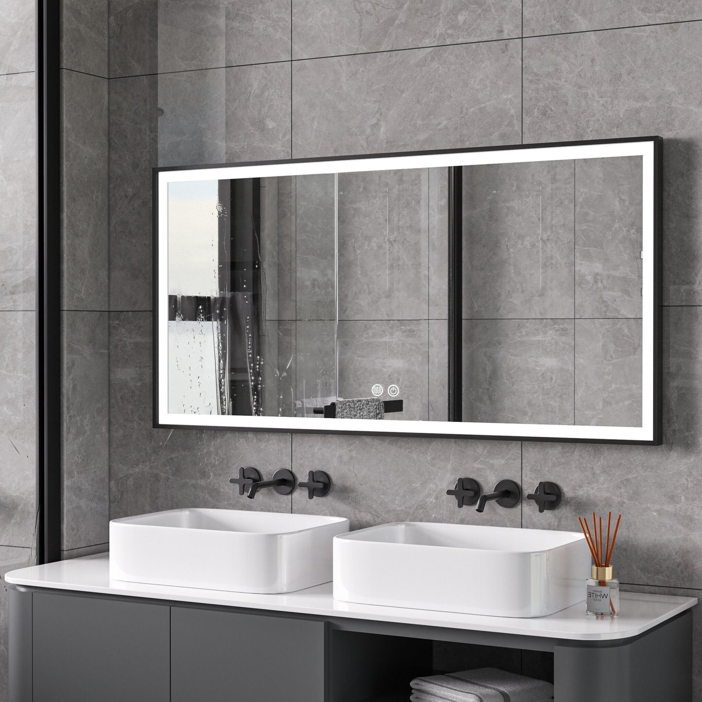 Espejo con marco negro, LED, antivaho 60 x 120 cm