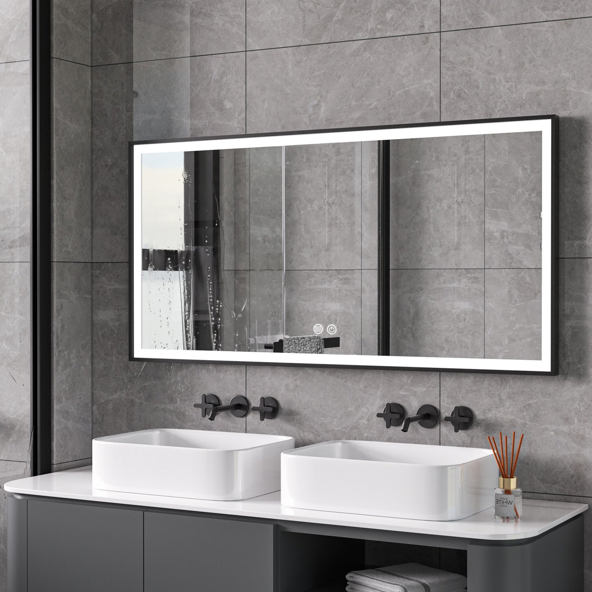 Espejo con marco negro, LED, antivaho 60 x 120 cm