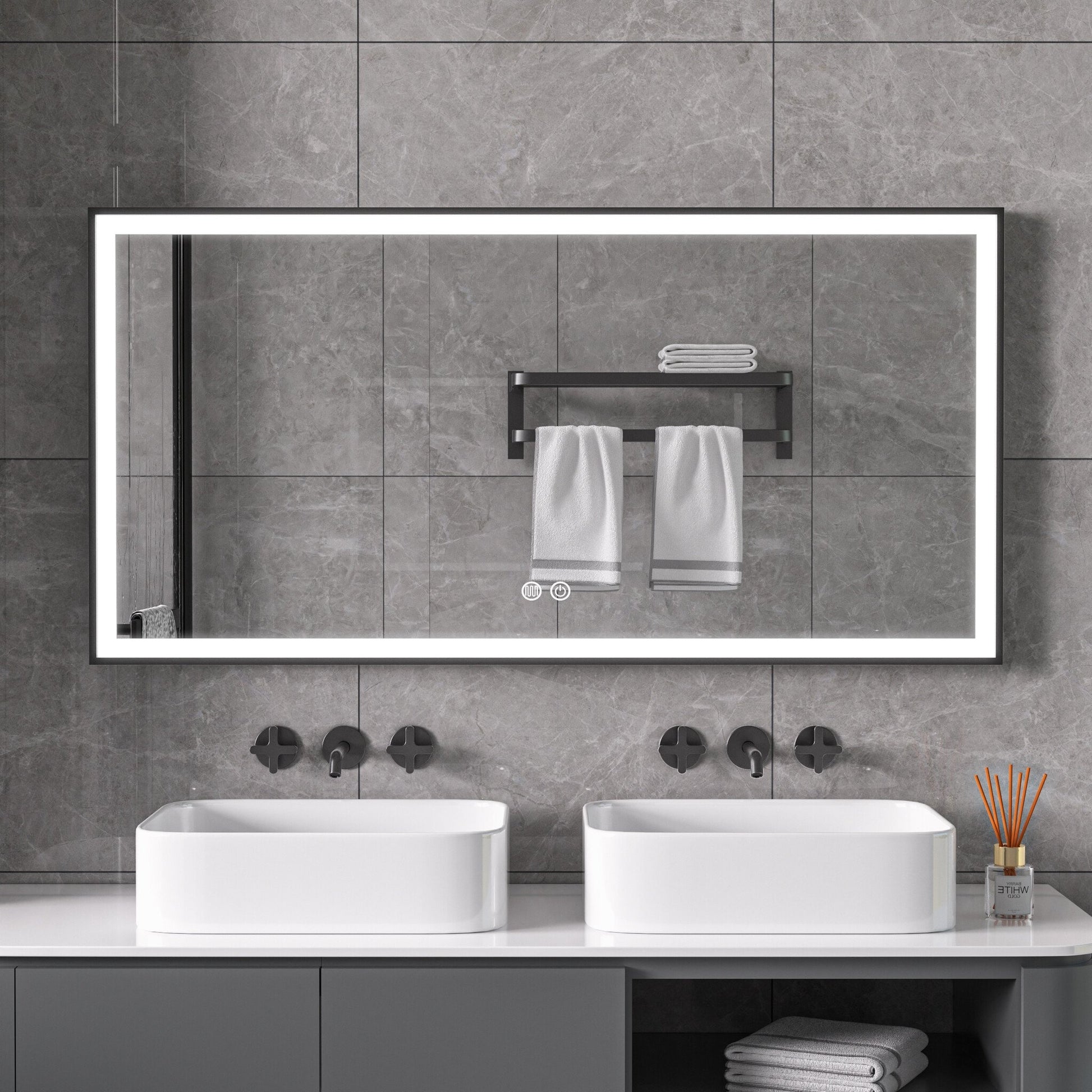 Espejo con marco negro, LED, antivaho 60 x 120 cm