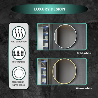 Espejo redondo de 100 cm con marco negro, iluminación LED y anti-vaho