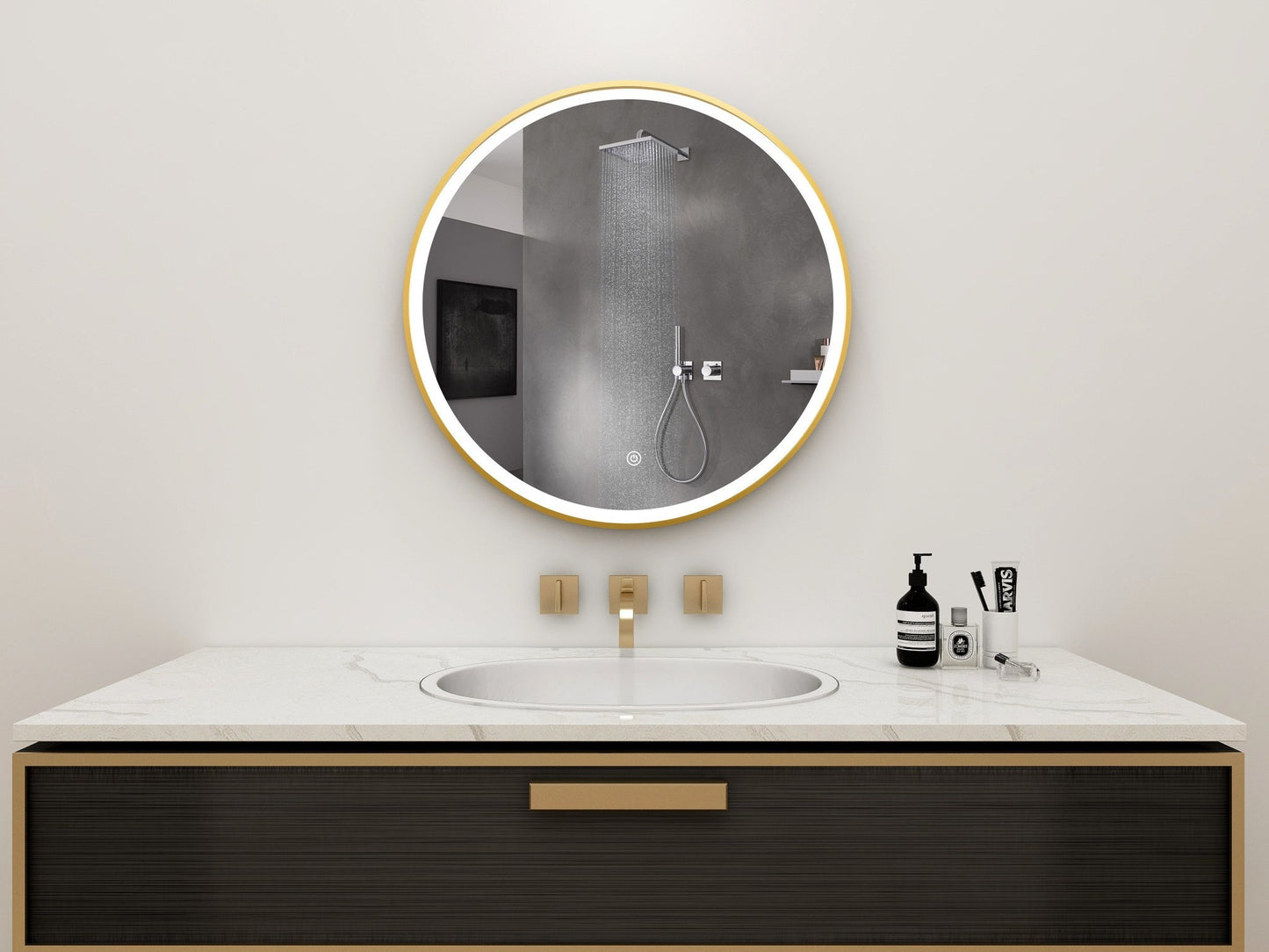 Spiegel rond 60 cm met gouden frame, led verlichting en anti condens