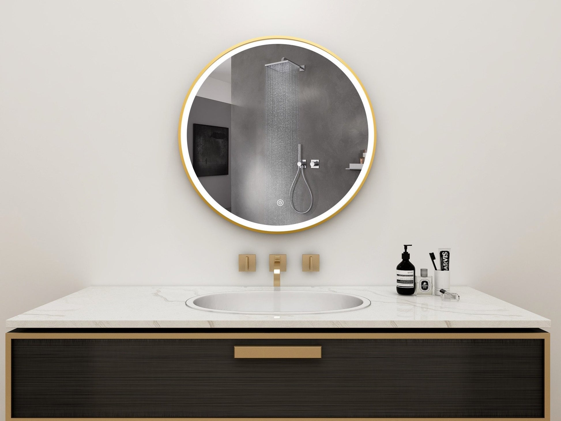 Spiegel rond 60 cm met gouden frame, led verlichting en anti condens