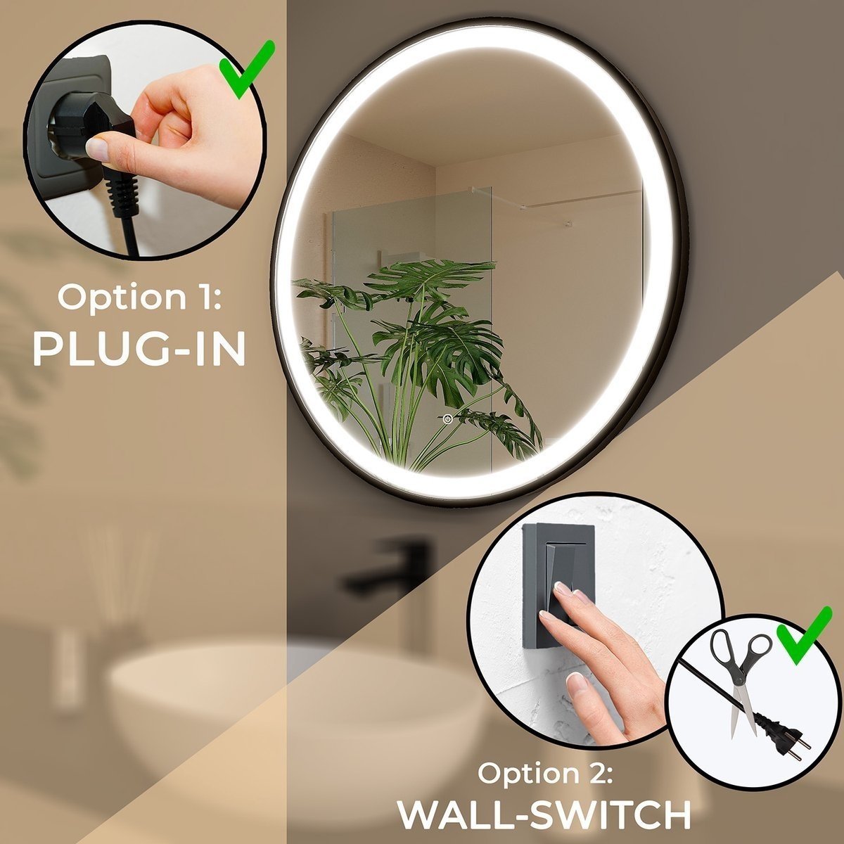 Espejo redondo de 60 cm con marco negro, iluminación LED y anti-condensación