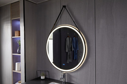 Espejo redondo 80 cm con marco negro cinturón de moda, iluminación LED empotrada y antivaho