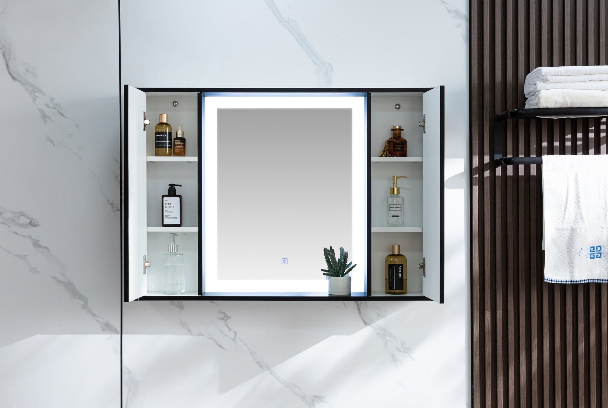 Armario con espejo negro mate con iluminación LED 120 (ancho) x 70 cm (alto)