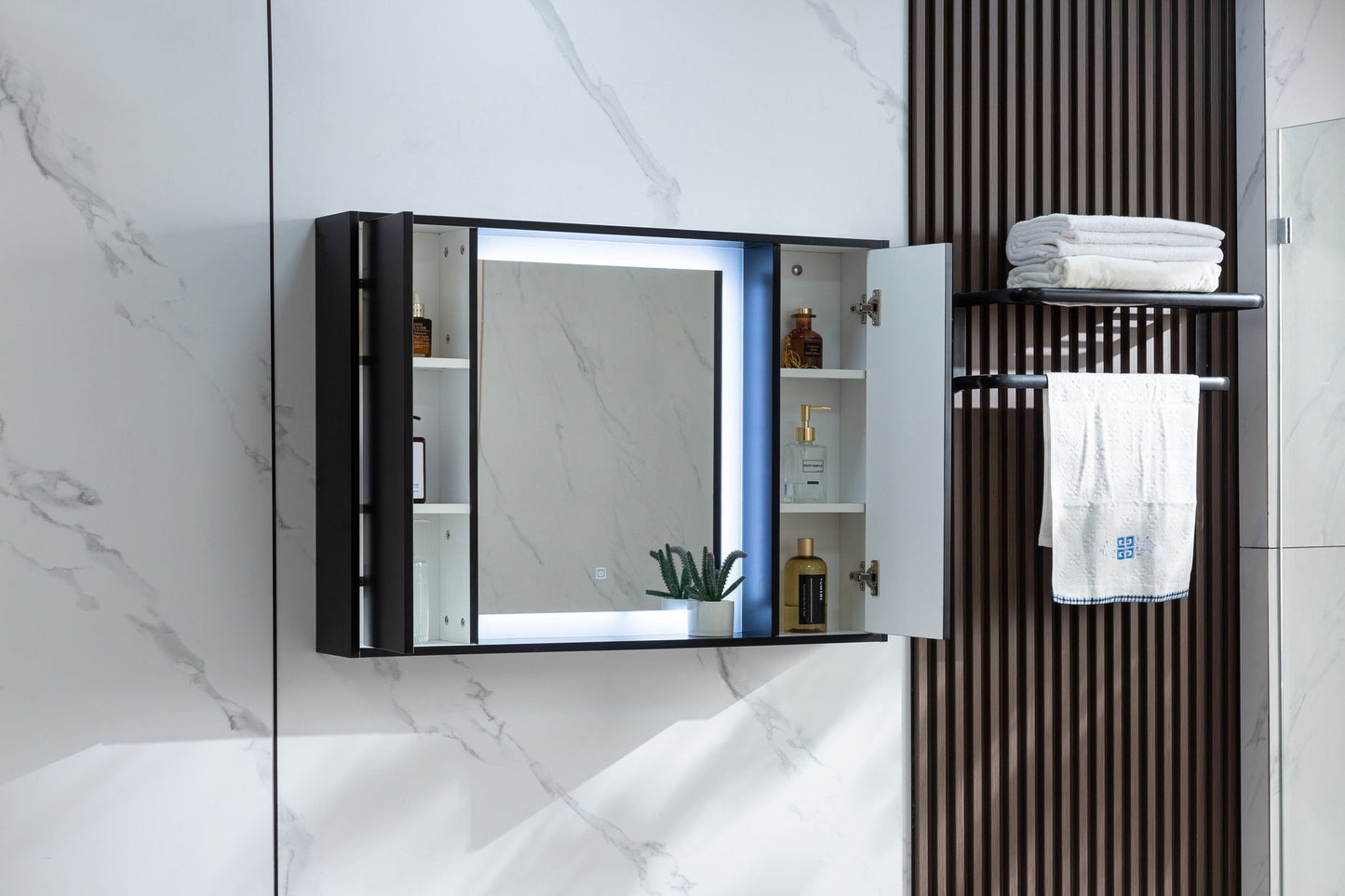 Armario con espejo negro mate con iluminación LED 120 (ancho) x 70 cm (alto)
